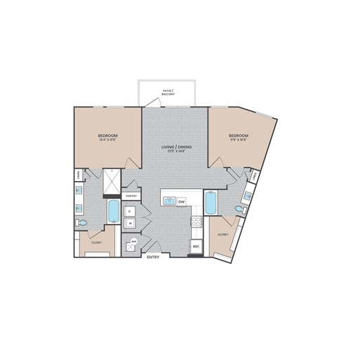 Floor plan for 2 beds, 2 baths, 1085 sqft